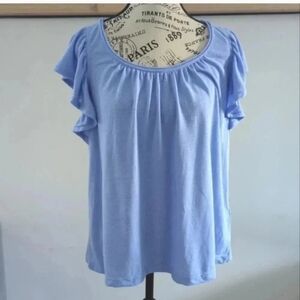 MAX STUDIO | Women's Blue  Chambray Linen Blend Ruffled Sleeveless Shirt